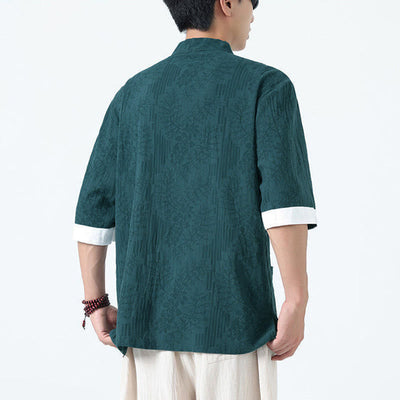 Buddha Stones Summer Flowers Grass Pattern Tang Suit Men's Frog-Button Half Sleeve Cotton Shirt With Pockets - image 18