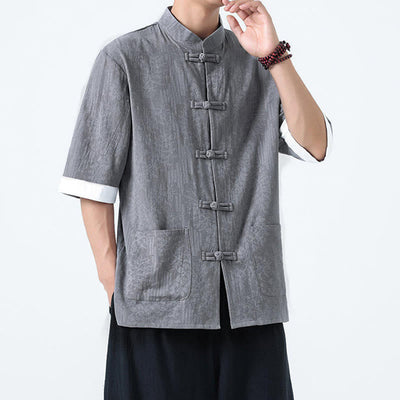 Buddha Stones Summer Flowers Grass Pattern Tang Suit Men's Frog-Button Half Sleeve Cotton Shirt With Pockets - image 5