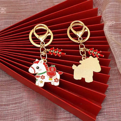 Buddha Stones "Hoping You Have a Joyful Year" Year of the Horse Ingot Red Firecrackers Alloy Key Chain Includes Gift Message Card - image 25