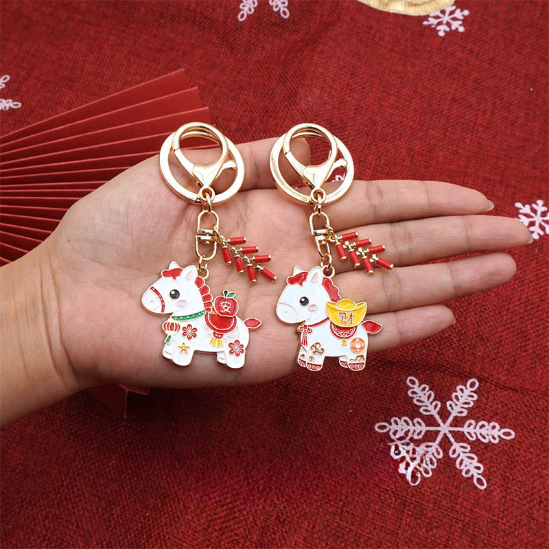 Buddha Stones "Hoping You Have a Joyful Year" Year of the Horse Ingot Red Firecrackers Alloy Key Chain Includes Gift Message Card - image 30