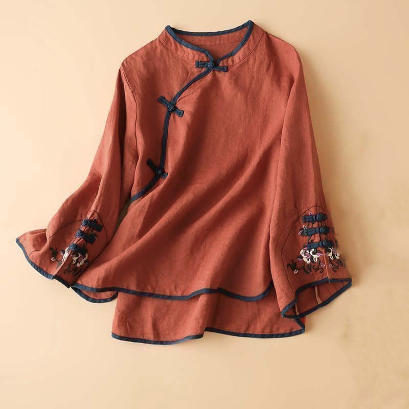 Buddha Stones Retro Flower Embroidery Design Long Sleeve Cotton Linen Women's Shirt - Red - US14，UK/AU18，EU46 (4XL) - image 0