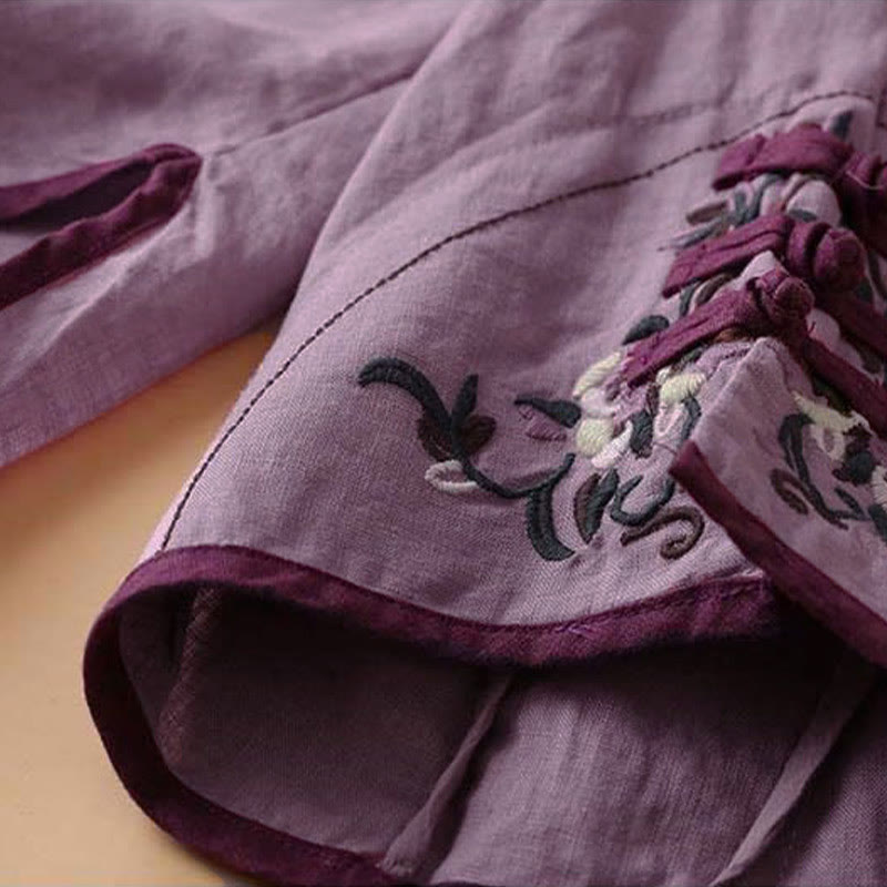 Buddha Stones Retro Flower Embroidery Design Long Sleeve Cotton Linen Women's Shirt - image 21