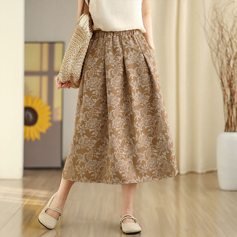 Buddha Stones Printing Flower Paisley Pattern A-line Elastic Waist Women's Skirt With Pockets - BurlyWood - US8-10，UK/AU12-14，EU40-42 (2XL) - image 8