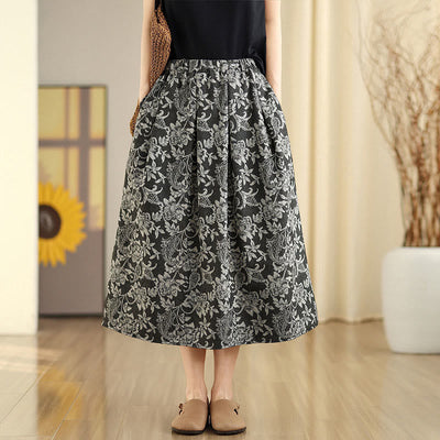 Buddha Stones Printing Flower Paisley Pattern A-line Elastic Waist Women's Skirt With Pockets - DimGray - US8-10，UK/AU12-14，EU40-42 (2XL) - image 1