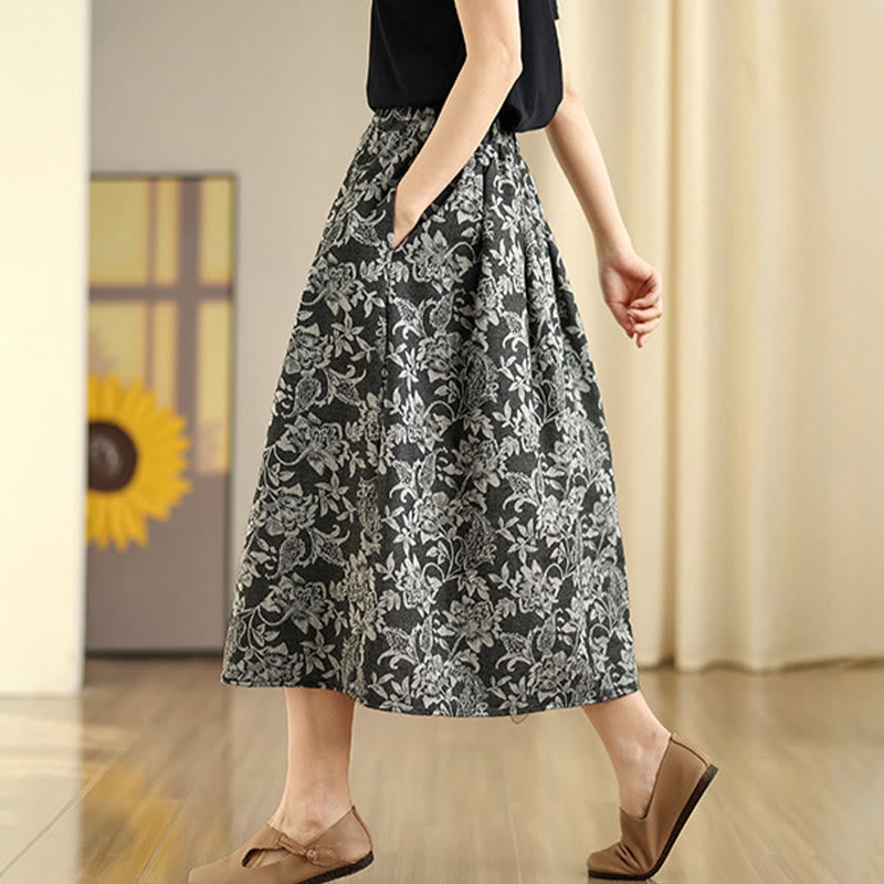 Buddha Stones Printing Flower Paisley Pattern A-line Elastic Waist Women's Skirt With Pockets - image 2