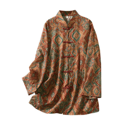 Buddha Stones Printing Chinese Frog-Button Long Sleeve Stand Collar Women's Shirt With Pockets - image 11