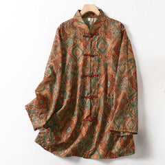 Buddha Stones Printing Chinese Frog-Button Long Sleeve Stand Collar Women's Shirt With Pockets - Peru - US12，UK/AU16，EU44 (XL) - image 0