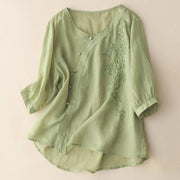 Foviel Casual Loose Flower Embroidery Frog Button Short Sleeve Women's Shirt