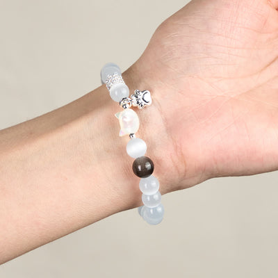 Buddha Stones Cat Head White Cat's Eye Silver Sheen Obsidian Positive Bracelet - image 4