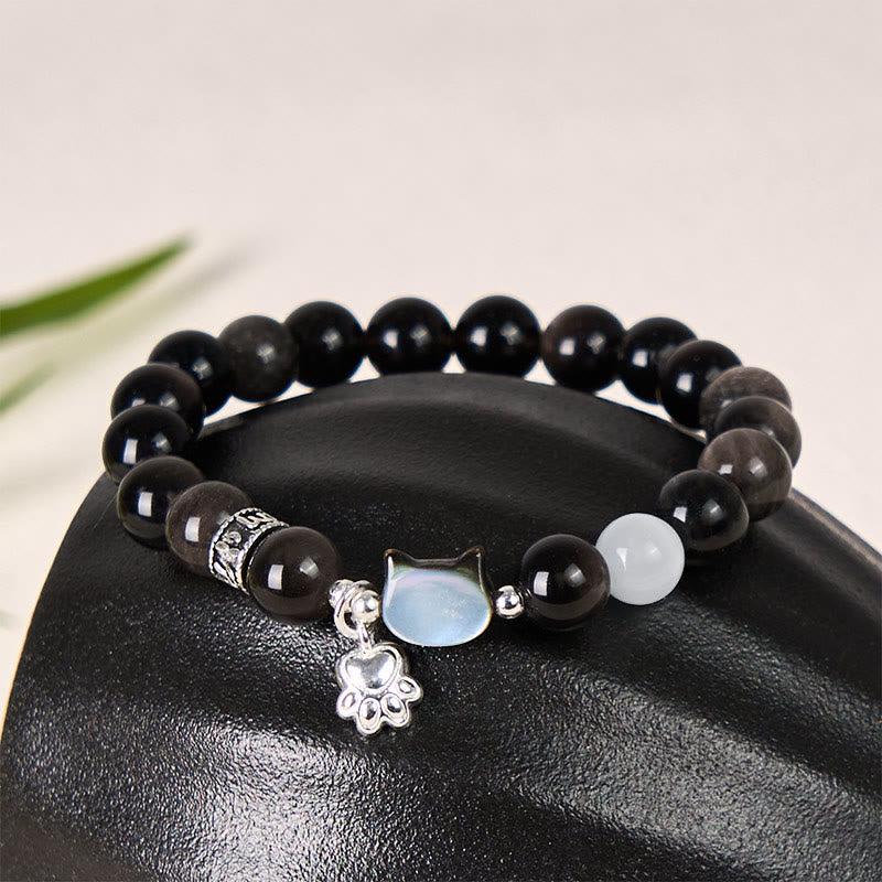 Buddha Stones Cat Head White Cat's Eye Silver Sheen Obsidian Positive Bracelet - Silver Sheen Obsidian Bead Size 8mm(Wrist Circumference:14-15cm) - image 9