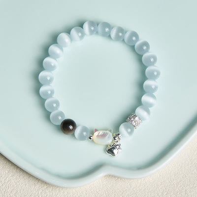 Buddha Stones Cat Head White Cat's Eye Silver Sheen Obsidian Positive Bracelet - image 3