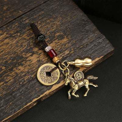 Buddha Stones Year Of The Horse Copper Brass Five-Emperor Coins PiXiu Luck Key Chain - Five-Emperor Coins Gourd Horse - image 0