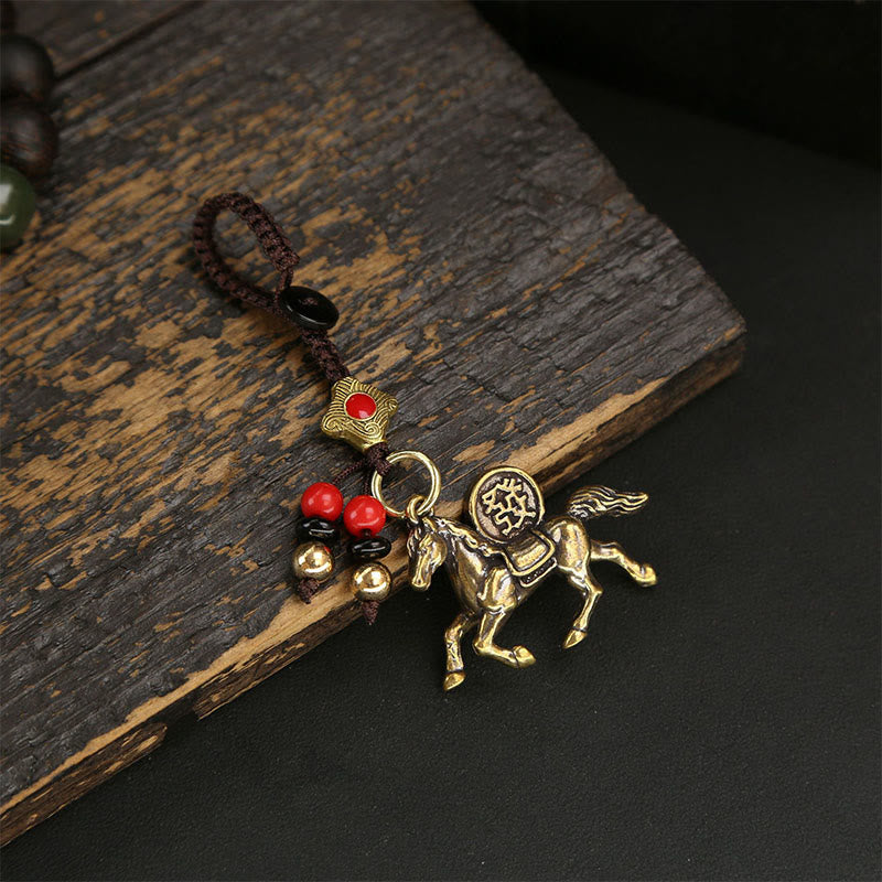 Buddha Stones Year Of The Horse Copper Brass Five-Emperor Coins PiXiu Luck Key Chain - Red Bead Horse - image 5