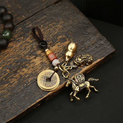 Buddha Stones Year Of The Horse Copper Brass Five-Emperor Coins PiXiu Luck Key Chain - Five-Emperor Coins PiXiu Gourd Horse - image 7