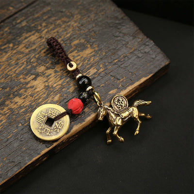 Buddha Stones Year Of The Horse Copper Brass Five-Emperor Coins PiXiu Luck Key Chain - Red Black Bead Five-Emperor Coins Horse - image 10