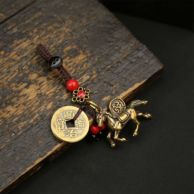 Buddha Stones Year Of The Horse Copper Brass Five-Emperor Coins PiXiu Luck Key Chain - Red Bead Peach Blossom Five-Emperor Coins Horse - image 11