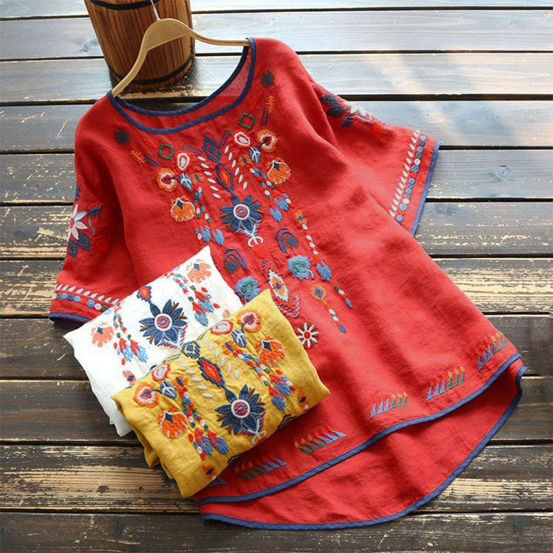 Buddha Stones Retro Artistic Embroidery Floral Pattern Crew Neck Women's Cotton Linen Short Sleeve T-Shirt - image 12