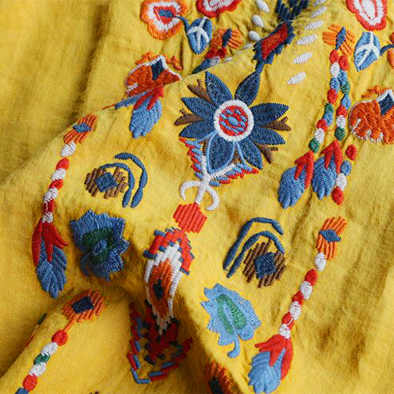 Buddha Stones Retro Artistic Embroidery Floral Pattern Crew Neck Women's Cotton Linen Short Sleeve T-Shirt - image 17