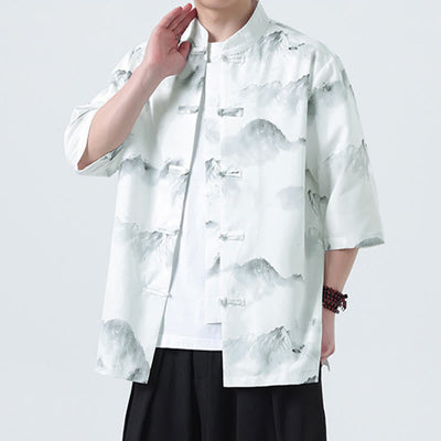 Buddha Stones Printing Chinese Ink Landscape Pattern Men's Frog-button Half Sleeve Shirts - image 15