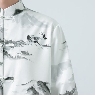 Buddha Stones Printing Chinese Ink Landscape Pattern Men's Frog-button Half Sleeve Shirts - image 9