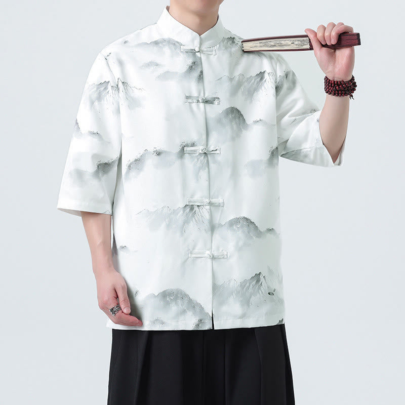 Buddha Stones Printing Chinese Ink Landscape Pattern Men's Frog-button Half Sleeve Shirts - image 11