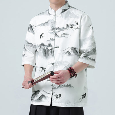 Buddha Stones Printing Chinese Ink Landscape Pattern Men's Frog-button Half Sleeve Shirts - image 3