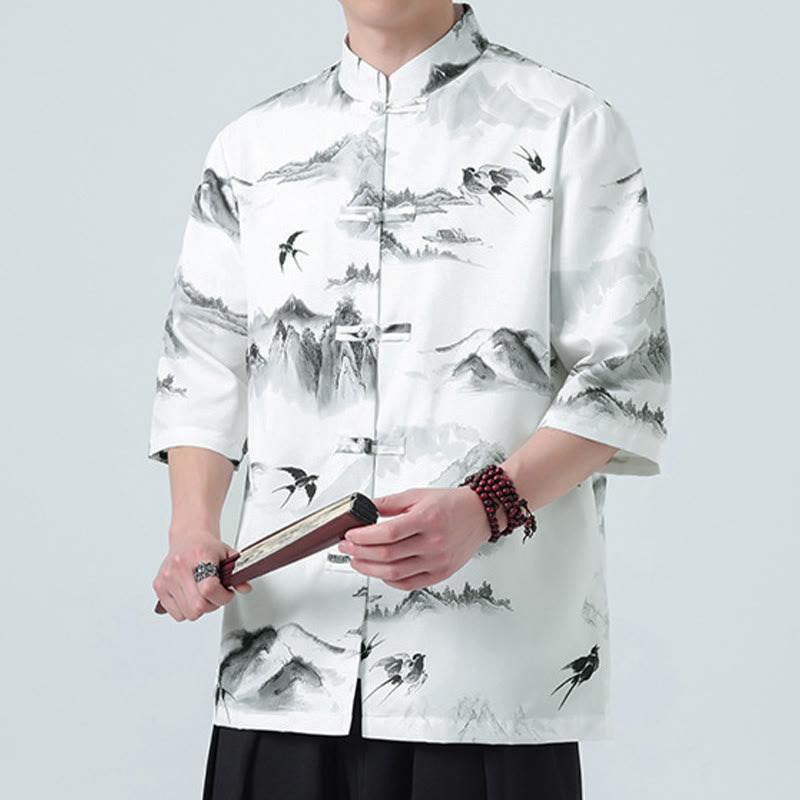 Buddha Stones Printing Chinese Ink Landscape Pattern Men's Frog-button Half Sleeve Shirts - image 3