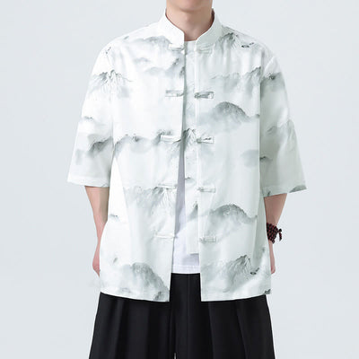 Buddha Stones Printing Chinese Ink Landscape Pattern Men's Frog-button Half Sleeve Shirts - image 16