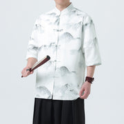 Foviel Printing Chinese Ink Landscape Pattern Men's Frog-button Half Sleeve Shirts