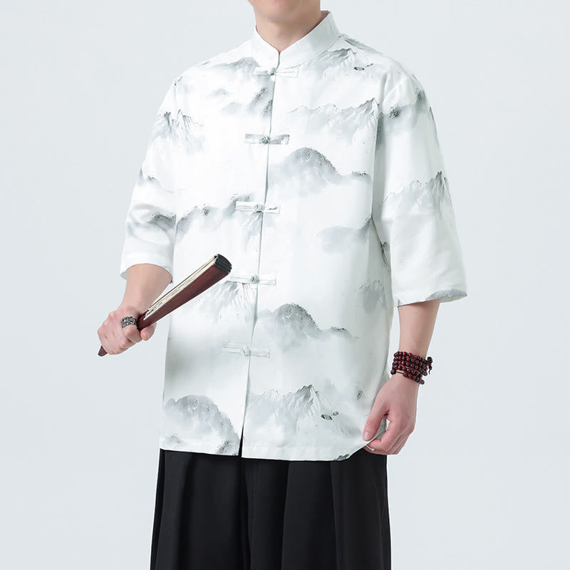 Buddha Stones Printing Chinese Ink Landscape Pattern Men's Frog-button Half Sleeve Shirts - Mountain Pattern - US/UK/AU46，EU56 (5XL) - image 10