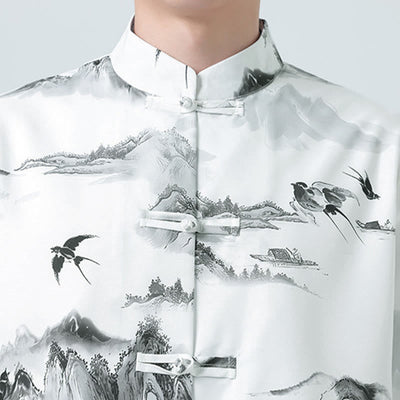 Buddha Stones Printing Chinese Ink Landscape Pattern Men's Frog-button Half Sleeve Shirts - image 8