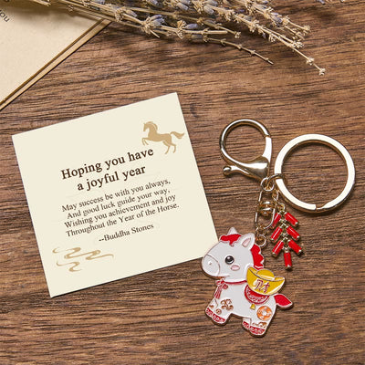 Buddha Stones "Hoping You Have a Joyful Year" Year of the Horse Ingot Red Firecrackers Alloy Key Chain Includes Gift Message Card - Year of the Horse Wealth - Standard Gift Box - image 0