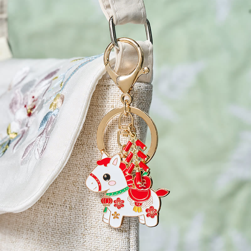 Buddha Stones "Hoping You Have a Joyful Year" Year of the Horse Ingot Red Firecrackers Alloy Key Chain Includes Gift Message Card - image 21