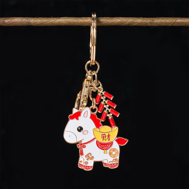 Buddha Stones "Hoping You Have a Joyful Year" Year of the Horse Ingot Red Firecrackers Alloy Key Chain Includes Gift Message Card - image 5