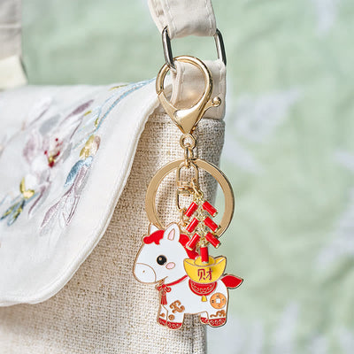 Buddha Stones "Hoping You Have a Joyful Year" Year of the Horse Ingot Red Firecrackers Alloy Key Chain Includes Gift Message Card - image 4