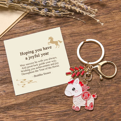 Buddha Stones "Hoping You Have a Joyful Year" Year of the Horse Ingot Red Firecrackers Alloy Key Chain Includes Gift Message Card - Year of the Horse Lucky - Standard Gift Box - image 11