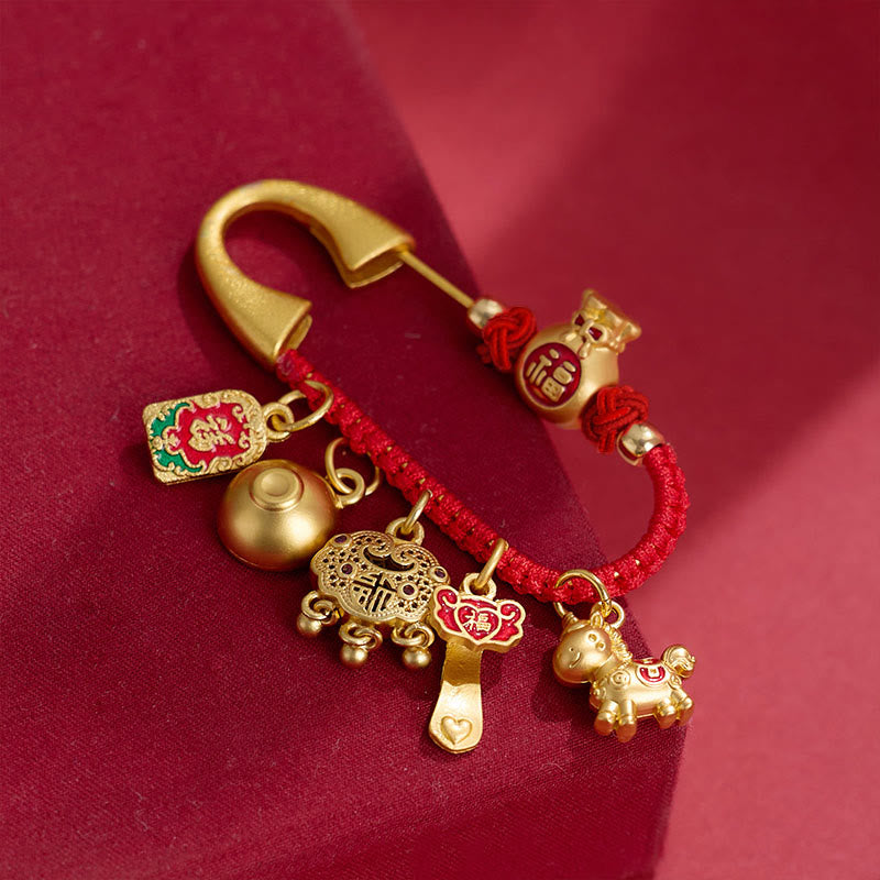 Buddha Stones Year Of The Horse Charm Fu Character Attract Fortune Ruyi Handle Brass Luck Brooch - image 1