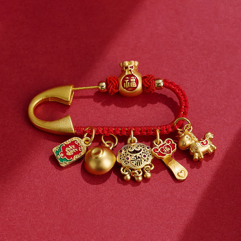 Buddha Stones Year Of The Horse Charm Fu Character Attract Fortune Ruyi Handle Brass Luck Brooch - Horse Peace Fu Character - image 0