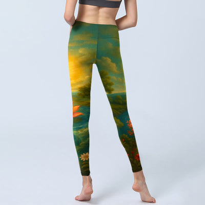 Buddha Stones Symmetrical Om Symbol Lotus Flower Small Flower Tree cloud Pattern Print Gym Leggings Women's Yoga Pants - image 6