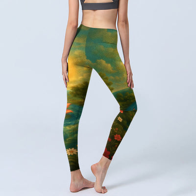 Buddha Stones Symmetrical Om Symbol Lotus Flower Small Flower Tree cloud Pattern Print Gym Leggings Women's Yoga Pants - image 4