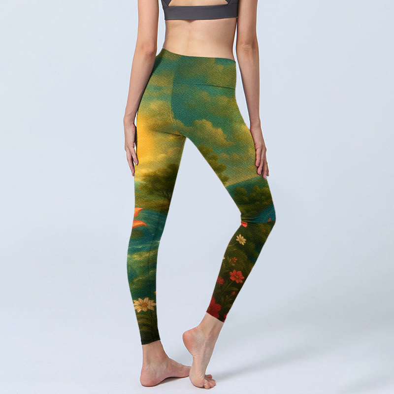 Buddha Stones Symmetrical Om Symbol Lotus Flower Small Flower Tree cloud Pattern Print Gym Leggings Women's Yoga Pants - image 4