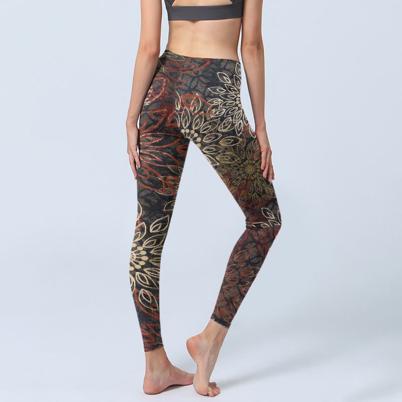Buddha Stones Symmetrical Retro Flower Pattern Print Gym Leggings Women's Yoga Pants - image 4