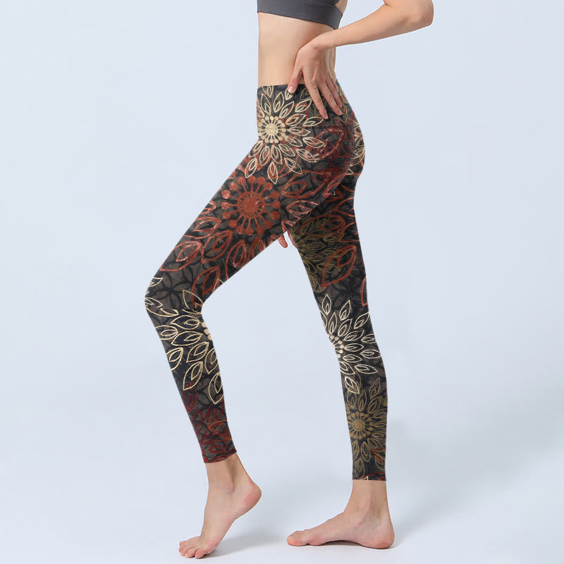 Buddha Stones Symmetrical Retro Flower Pattern Print Gym Leggings Women's Yoga Pants - image 2