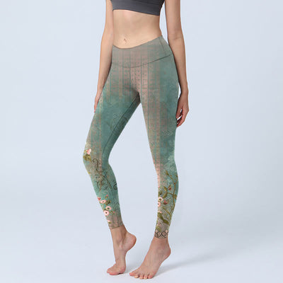 Buddha Stones Symmetrical Retro Flower Leaf Vine Fence Pattern Print Gym Leggings Women's Yoga Pants - LightSeaGreen - US18，UK/AU22，EU50 (4XL) - image 0