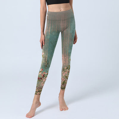 Buddha Stones Symmetrical Retro Flower Leaf Vine Fence Pattern Print Gym Leggings Women's Yoga Pants - image 5