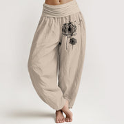 Foviel Reine Baumwolle Minimalistische Stil Dandelion Muster Damen elastische Taille Harem Hose