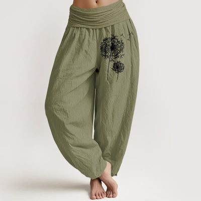 Buddha Stones Pure Cotton Minimalist Style Dandelion Pattern Women's Elastic Waist Harem Pants - OliveDrab - US16，UK/AU20，EU48 (3XL) - image 14