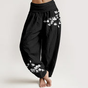 Foviel Pure Cotton Minimalist Style Magnolia Flower Pattern Women's Elastic Waist Harem Pants