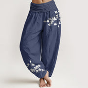 Foviel Pure Cotton Minimalist Style Magnolia Flower Pattern Women's Elastic Waist Harem Pants
