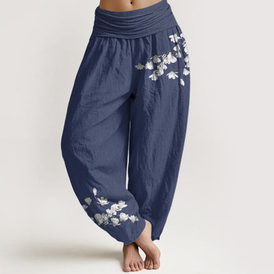 Buddha Stones Pure Cotton Minimalist Style Magnolia Flower Pattern Women's Elastic Waist Harem Pants - DarkSlateBlue - US16，UK/AU20，EU48 (3XL) - image 5